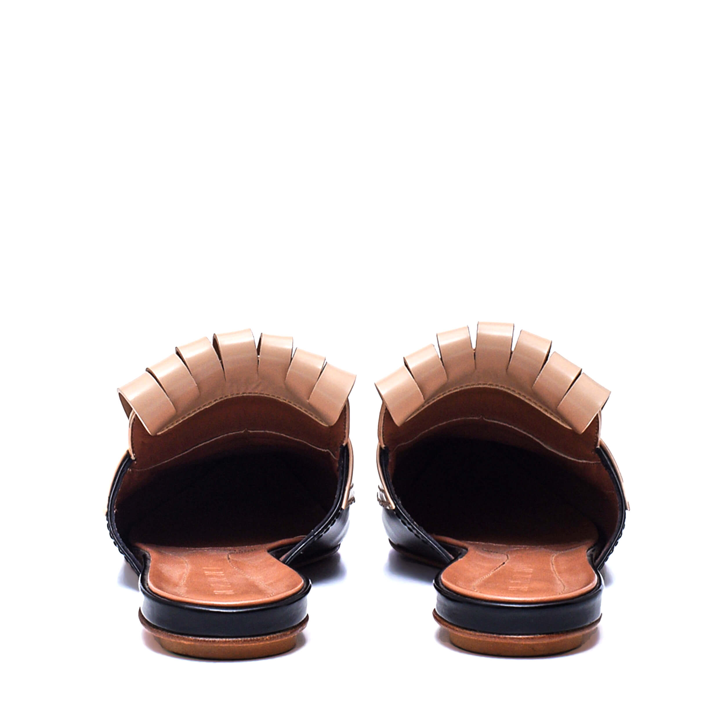 Marni - Sabot Black & Nude Fringe Leather Flat Mules / 39